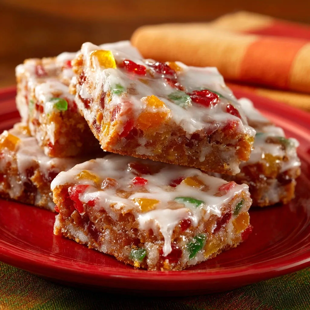 Festive candied fruit bars are stacked on a red plate, showing a close-up of their chewy texture and colorful candied fruit pieces.