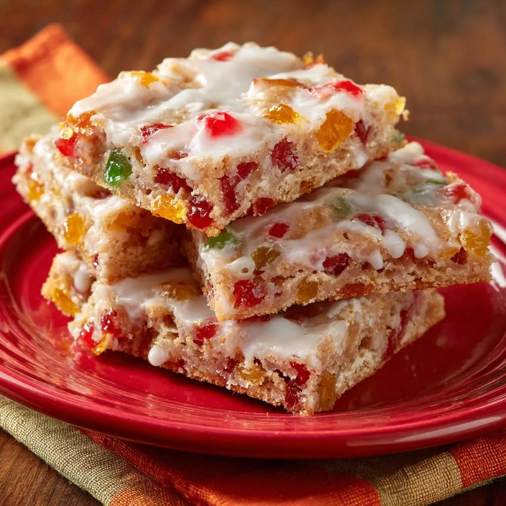 Festive candied fruit bars stacked on a red plate, showcasing colorful candied fruit and white icing.