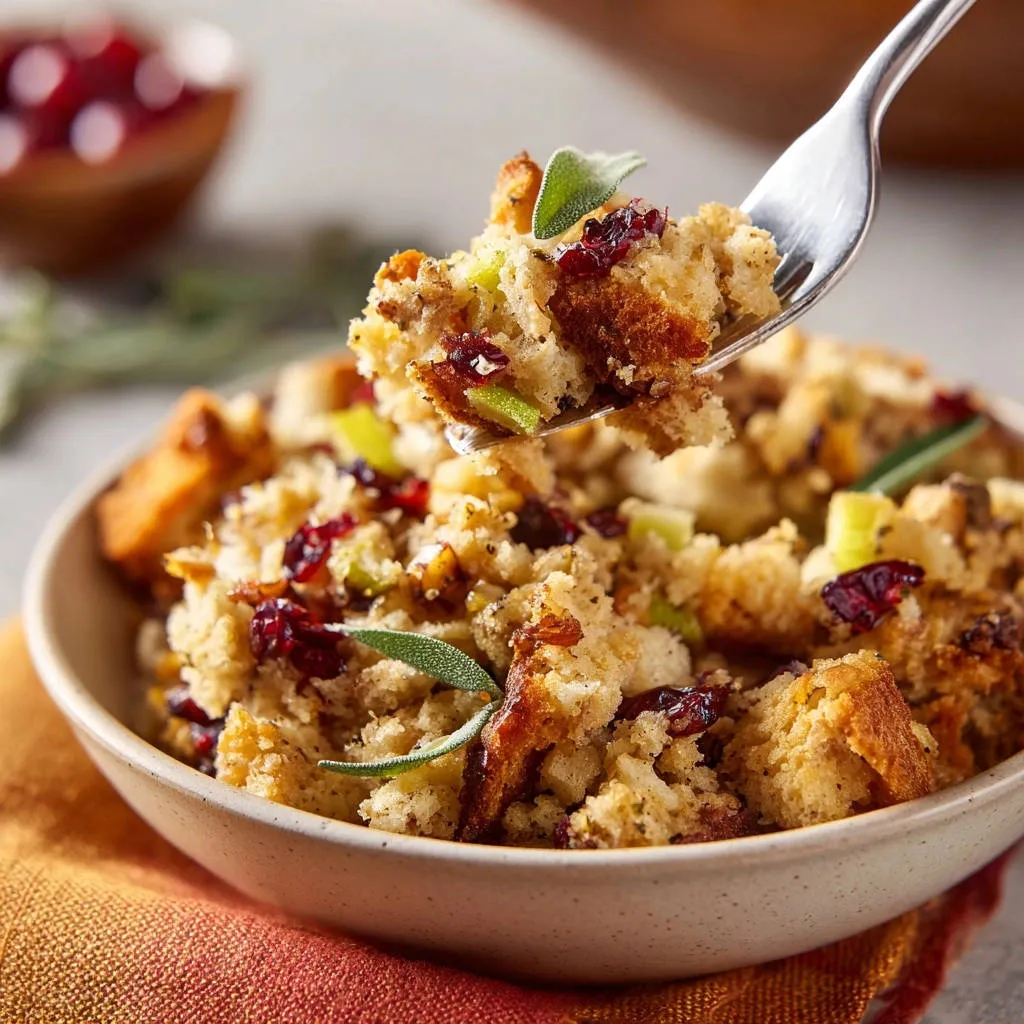 Festive cranberry apple stuffing with a forkful lifted, showing texture and ingredients up close.