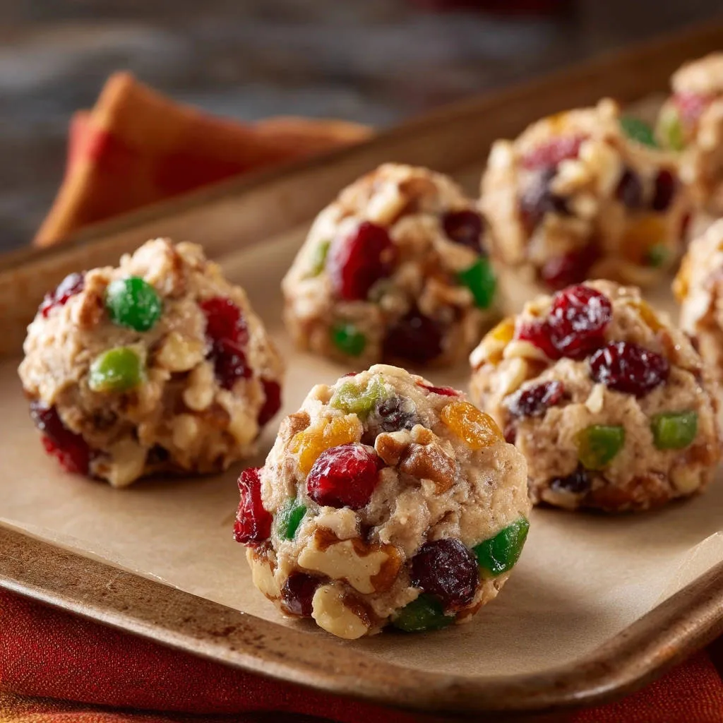 Festive fruit and nut bites shown in a close-up view on a baking tray with colorful dried fruit and nuts.