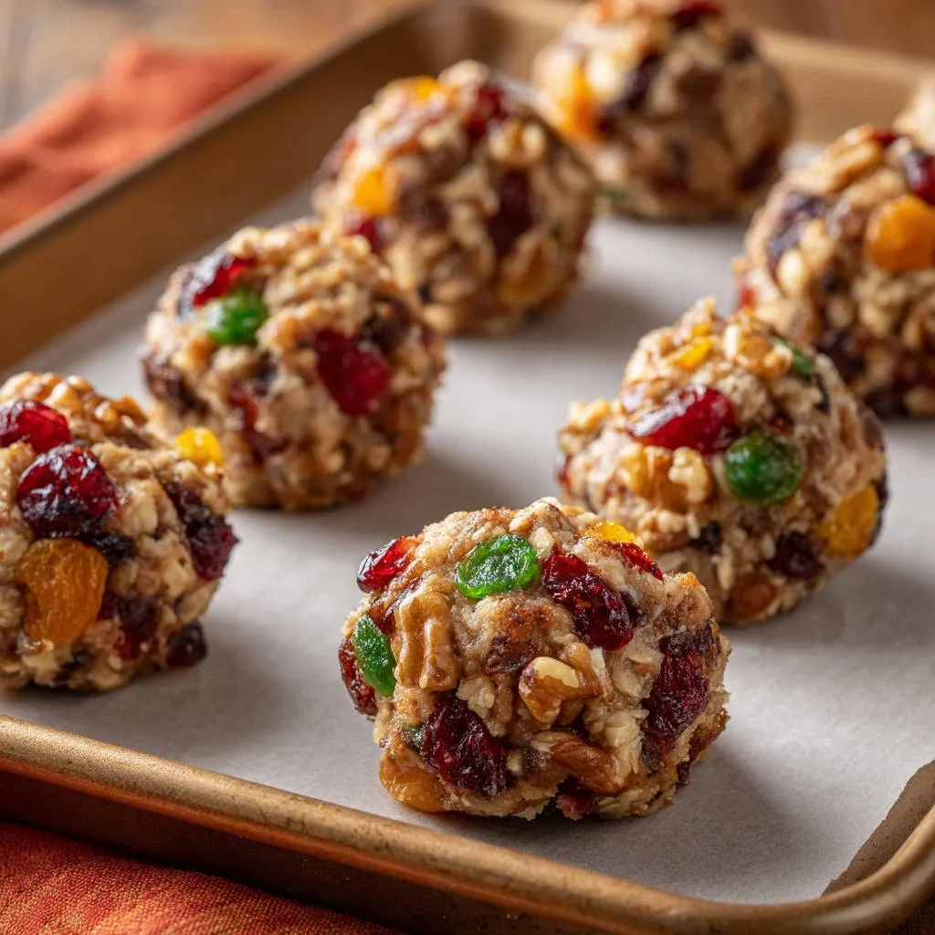 Festive fruit & nut bites are arranged closely together on a parchment-lined baking sheet, showcasing their chewy texture and colorful inclusions.
