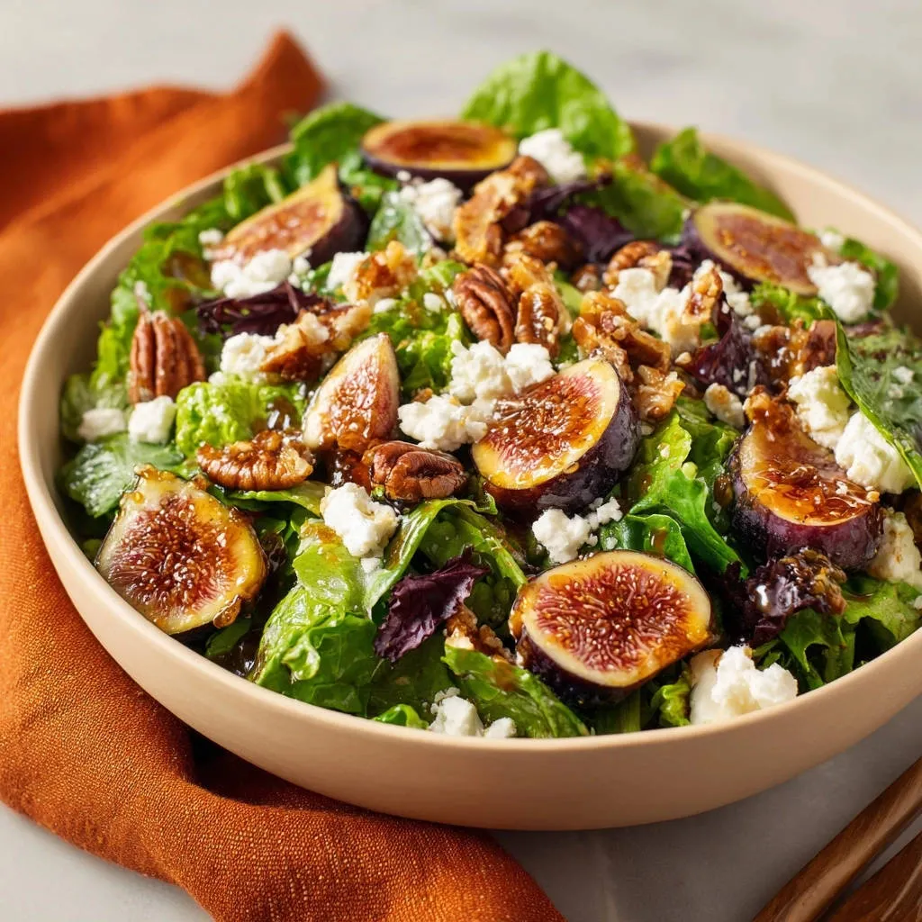 Gorgeous fig and goat cheese salad served in a bowl, featuring fresh figs, crumbled cheese, and nuts.