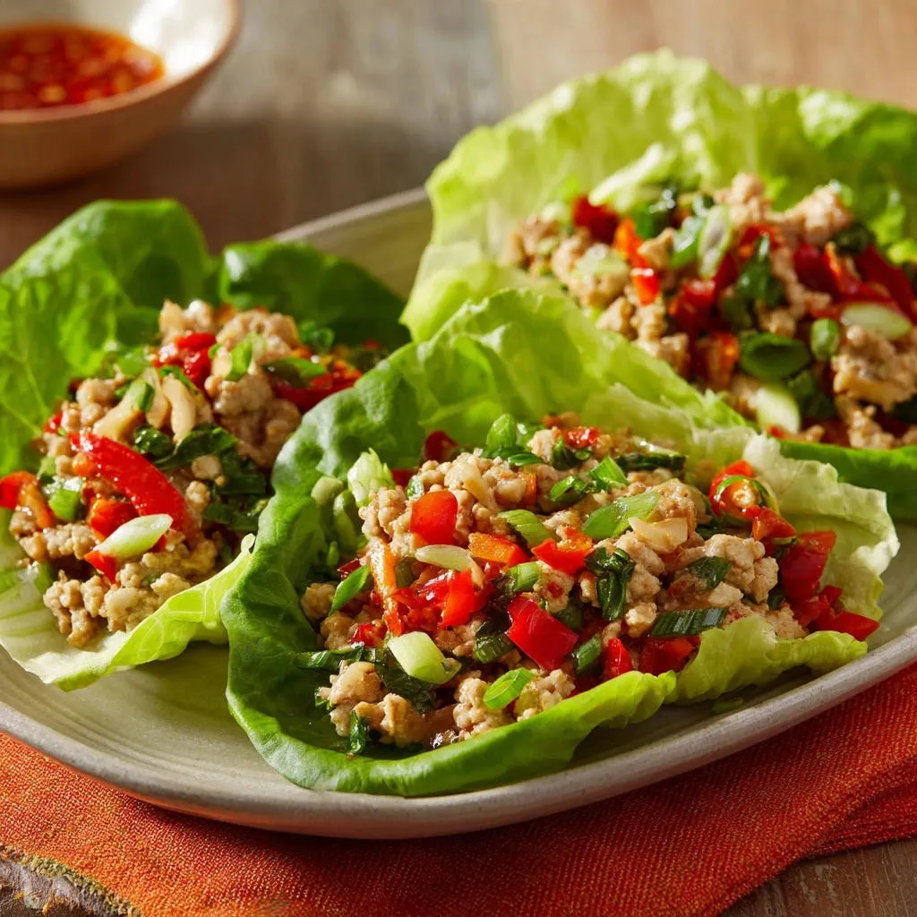Flavorful chicken lettuce wraps shown as a plated serving with fresh ingredients and a side of dipping sauce.