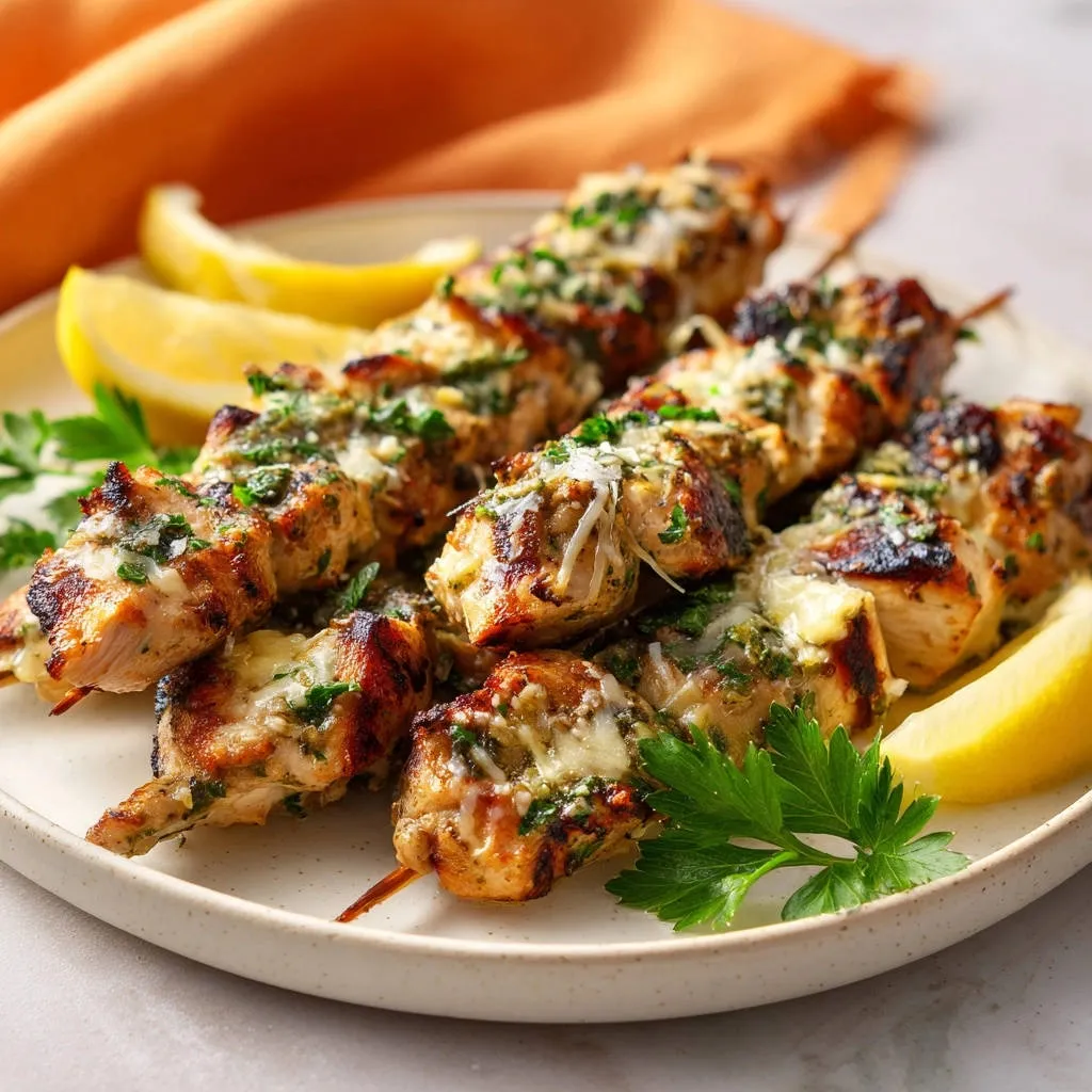 Flavorful grilled chicken skewers served on a plate with lemon wedges and parsley garnish.