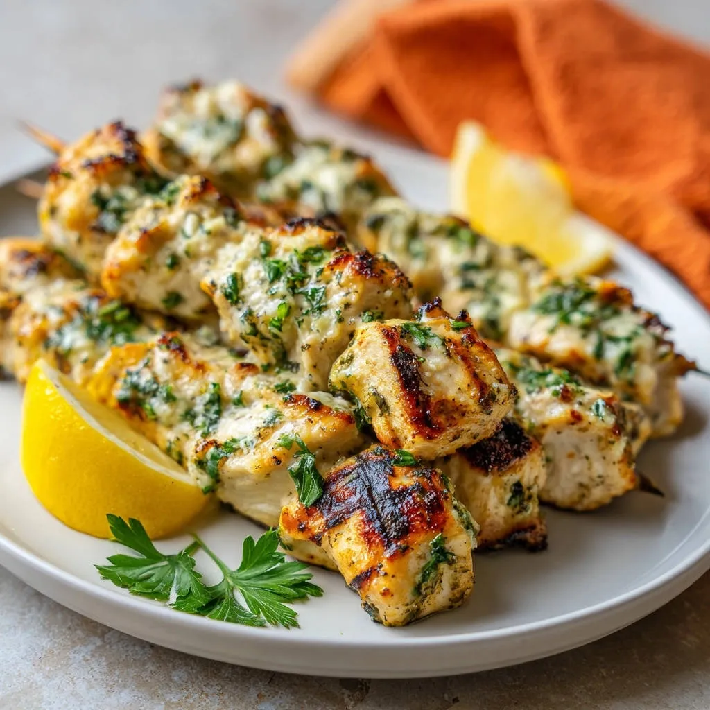 Flavorful grilled chicken skewers with fresh lemon wedges and parsley garnish on a white plate.