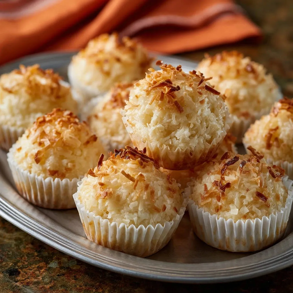 Fluffy coconut muffins topped with toasted shredded coconut, presented on a silver platter.