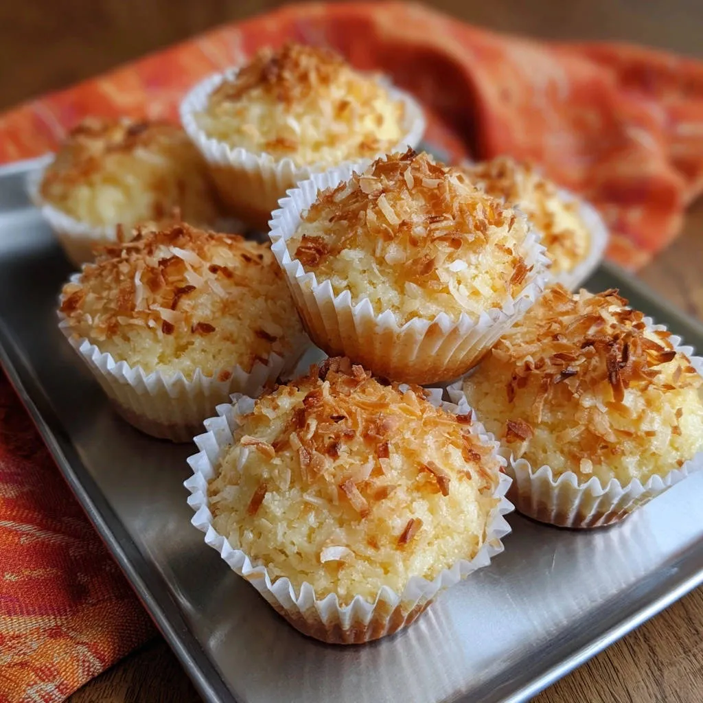 Fluffy coconut muffins are topped with a generous layer of golden-brown toasted coconut flakes.