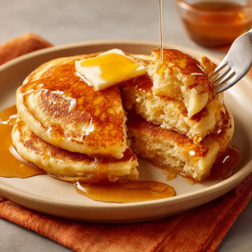 Fluffy diner-style pancakes are shown with a fork taking a bite, revealing a fluffy interior and syrup being poured.