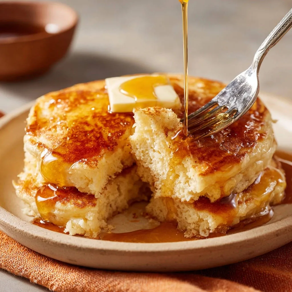 Fluffy diner-style pancakes with syrup being poured, showing a fork taking a bite revealing the pillowy interior.