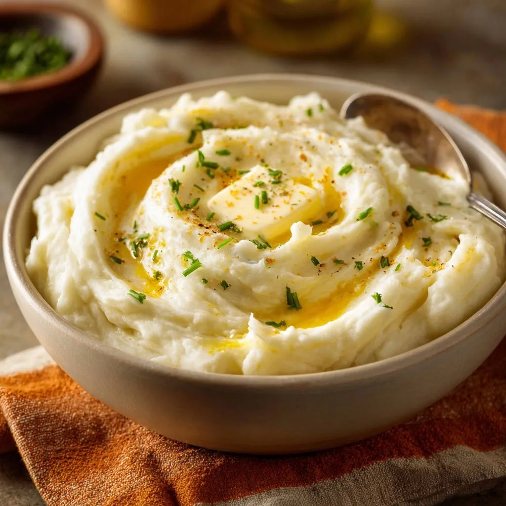 Fluffy dream mashed potatoes with melting butter and chives, showing a rich, creamy texture in a bowl.