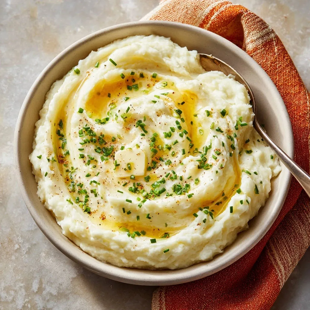 Fluffy dream mashed potatoes gilded with butter and sprinkled with chives in a rustic bowl.