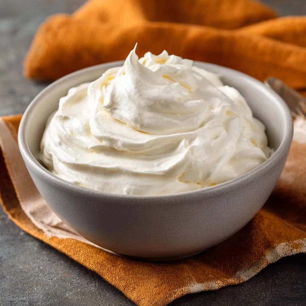 Fluffy vanilla buttercream in a grey bowl, showing soft swirls and peak details, set on an orange napkin.