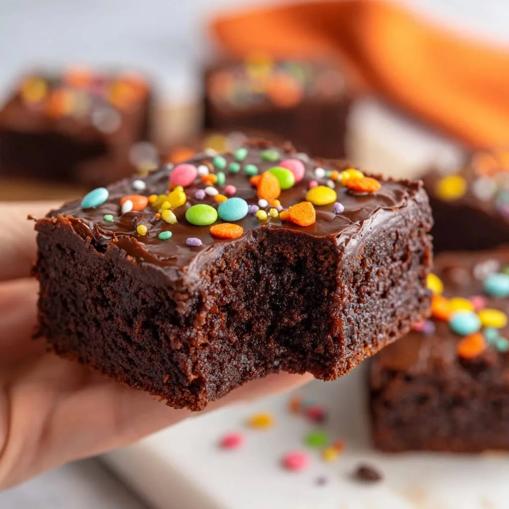 Decadent fudgy brownies with chocolate frosting and colorful sprinkles, a bite taken out revealing the rich interior.