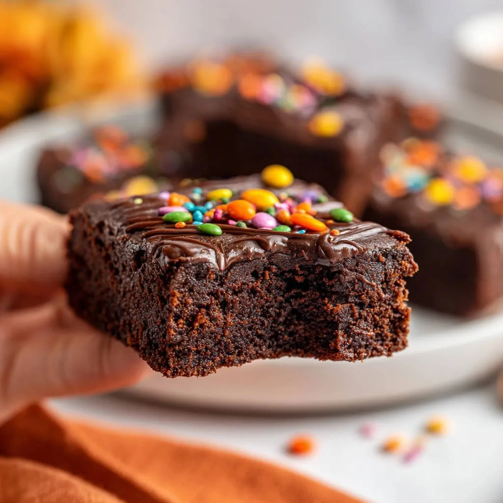 Decadent fudgy brownies with a close-up cross-section showing the rich texture, topped with chocolate glaze and colorful sprinkles.
