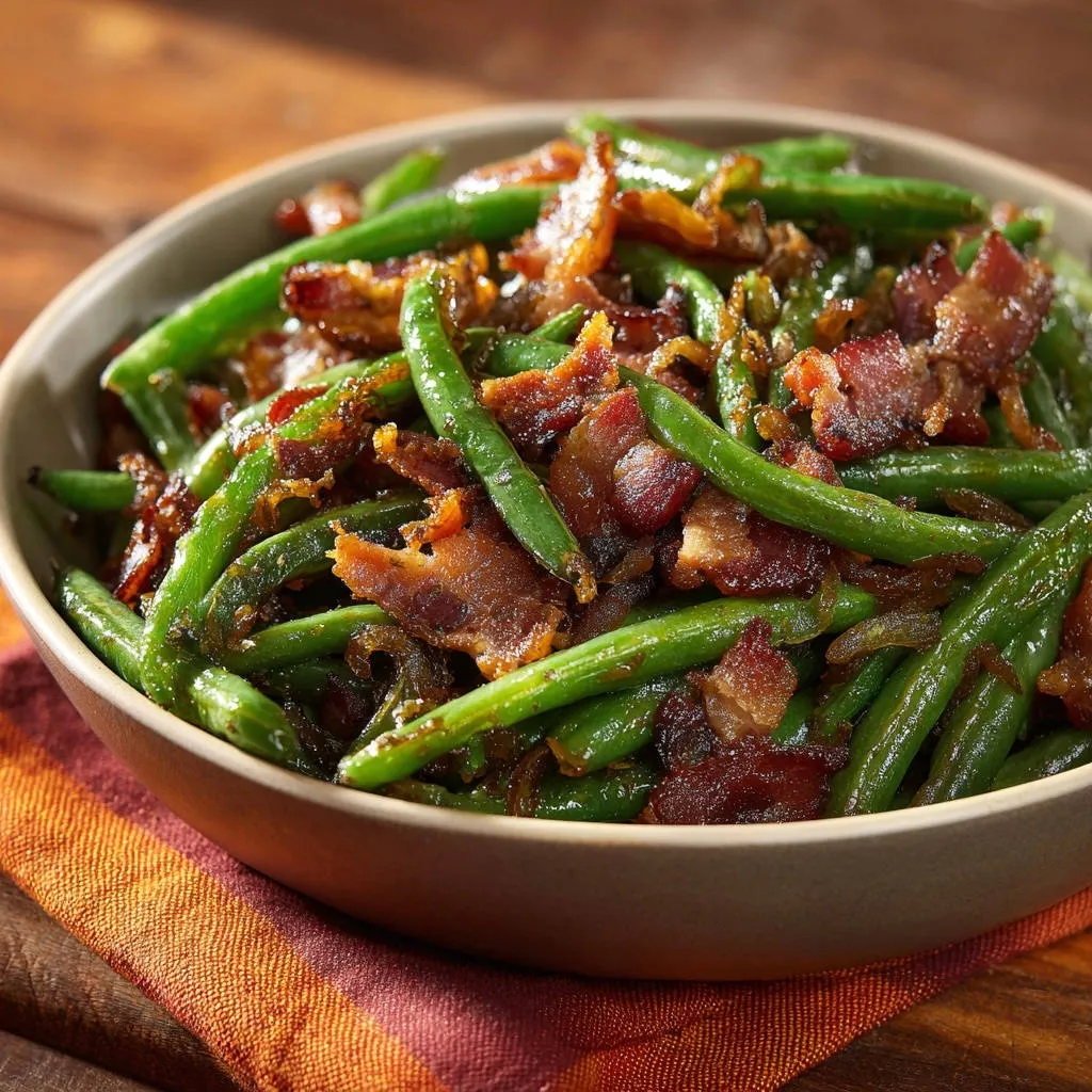 Garlic bacon green beans served in a rustic bowl, showcasing a close-up view of the vibrant, seasoned vegetables and savory bacon pieces.