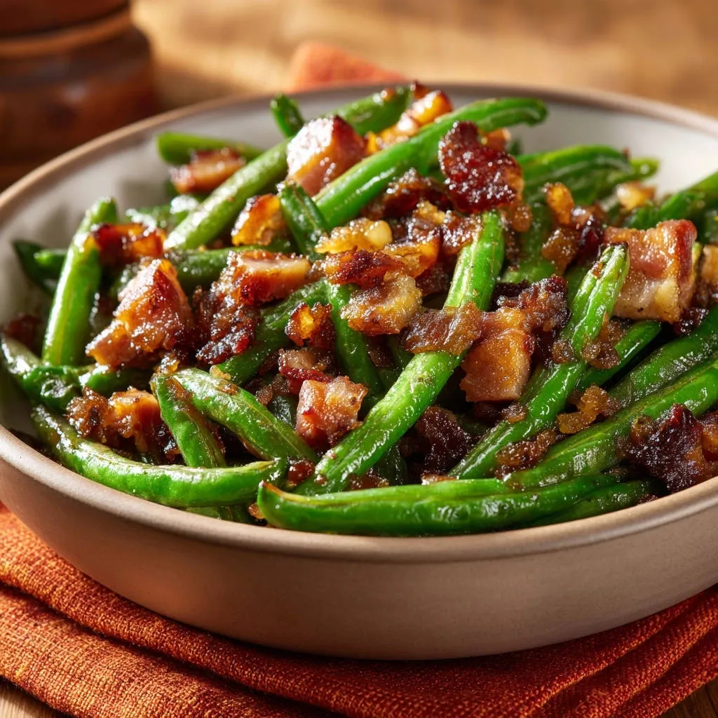 Garlic bacon green beans in a bowl, showcasing vibrant green beans and crispy bacon pieces up close.