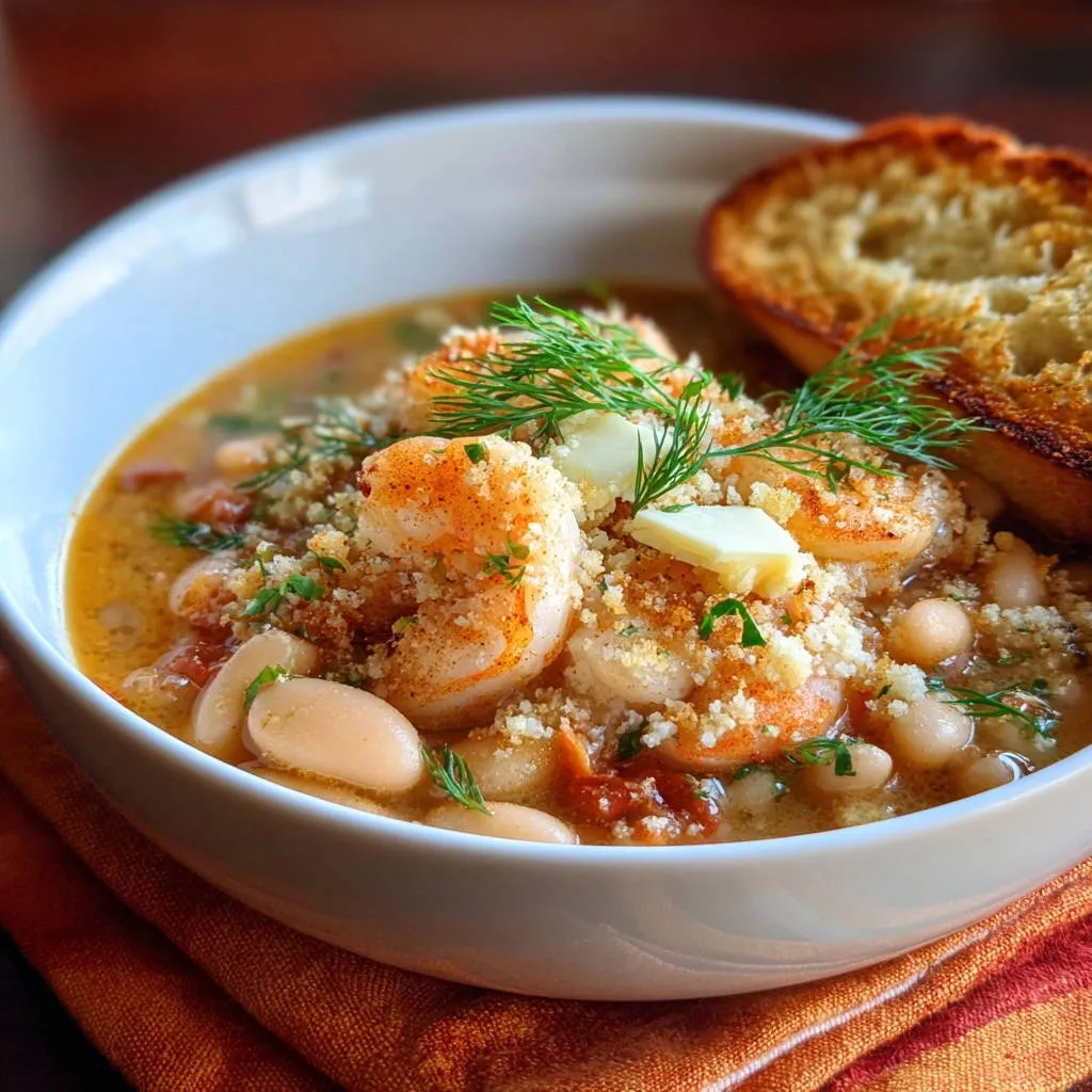 Garlic butter shrimp and white bean stew served in a bowl with a close-up view of dill and butter garnish.