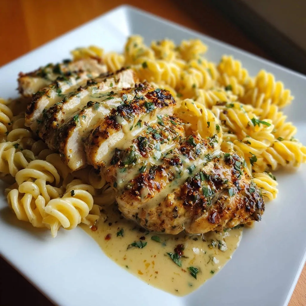 Garlic herb chicken and pasta sliced and coated in a creamy sauce, shown in a close-up view on a white plate.
