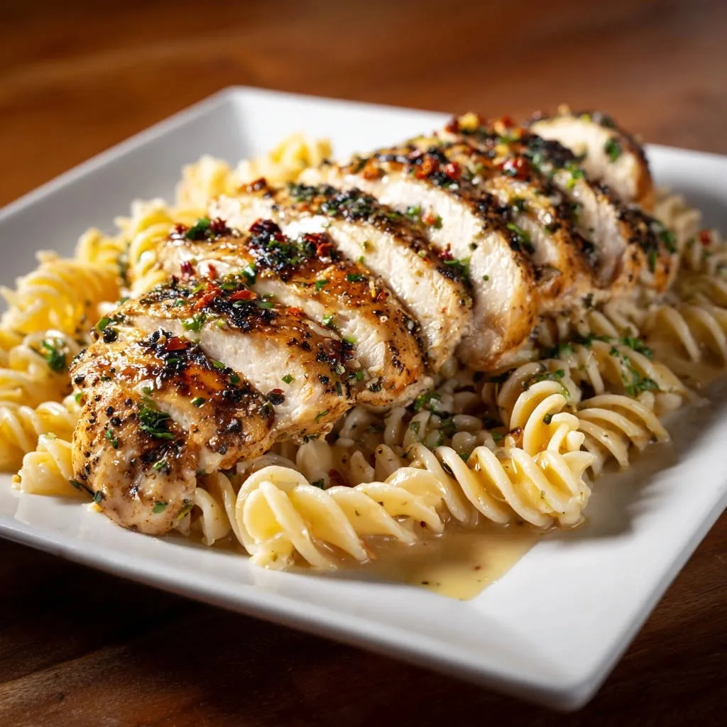 Garlic herb chicken and pasta served sliced on a white plate with fusilli pasta and a light sauce.