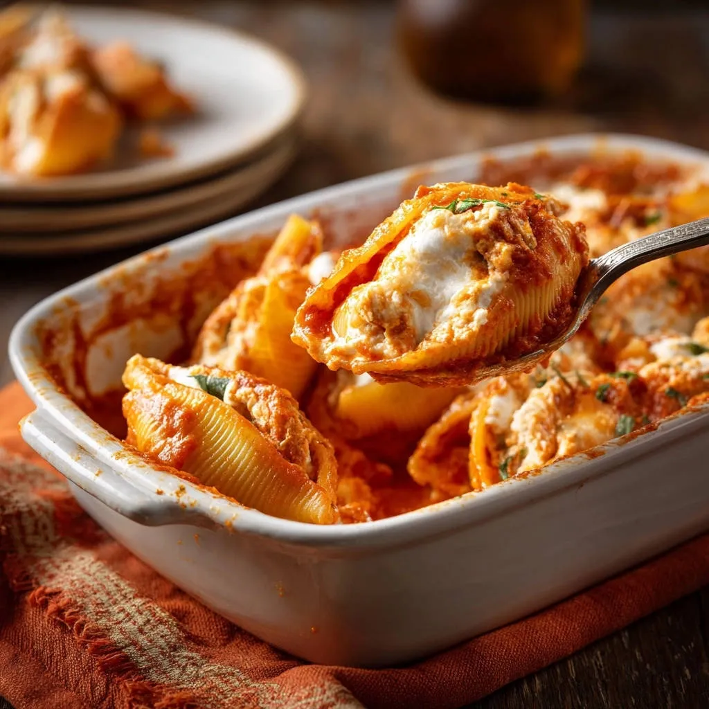 Giant stuffed shells with a spoonful serving, showing the creamy ricotta filling and tomato sauce.