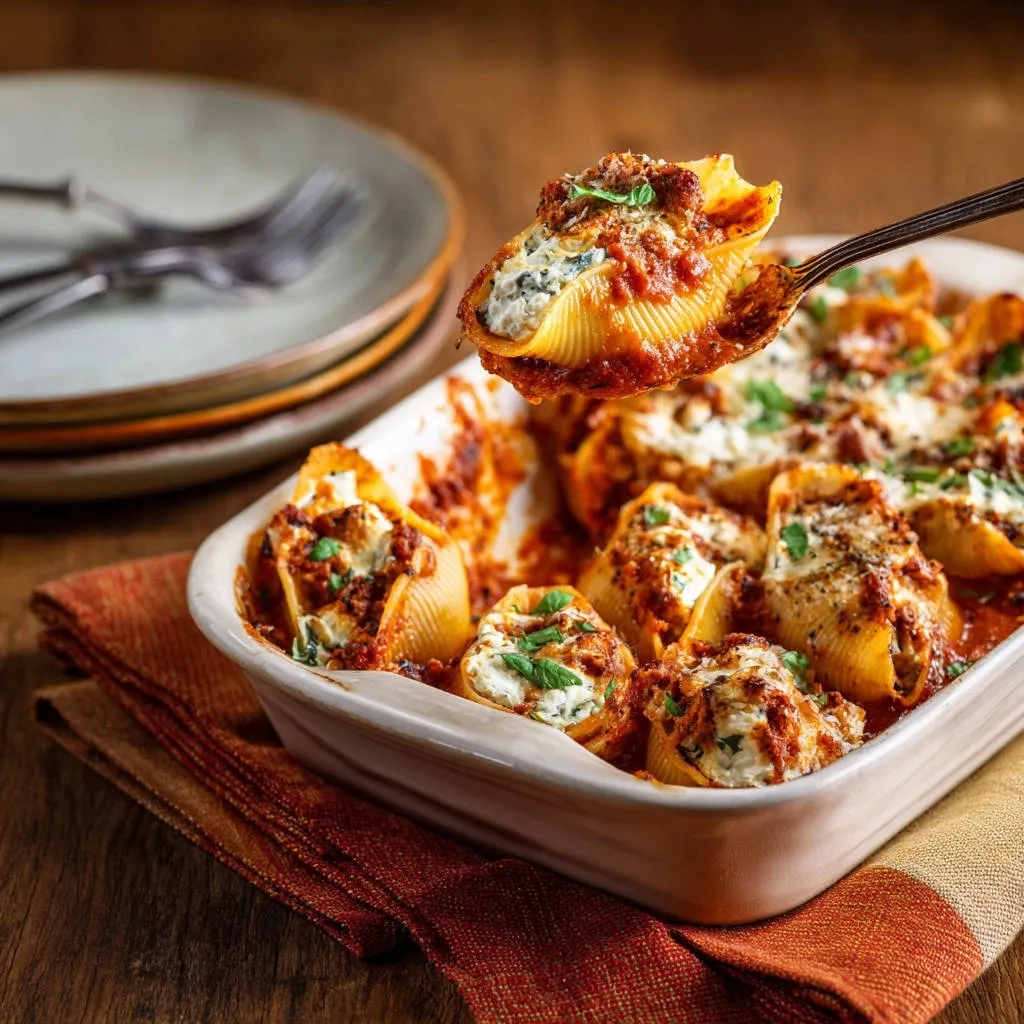 Giant stuffed shells with a spoonful being lifted, showcasing the cheesy filling and rich tomato sauce.