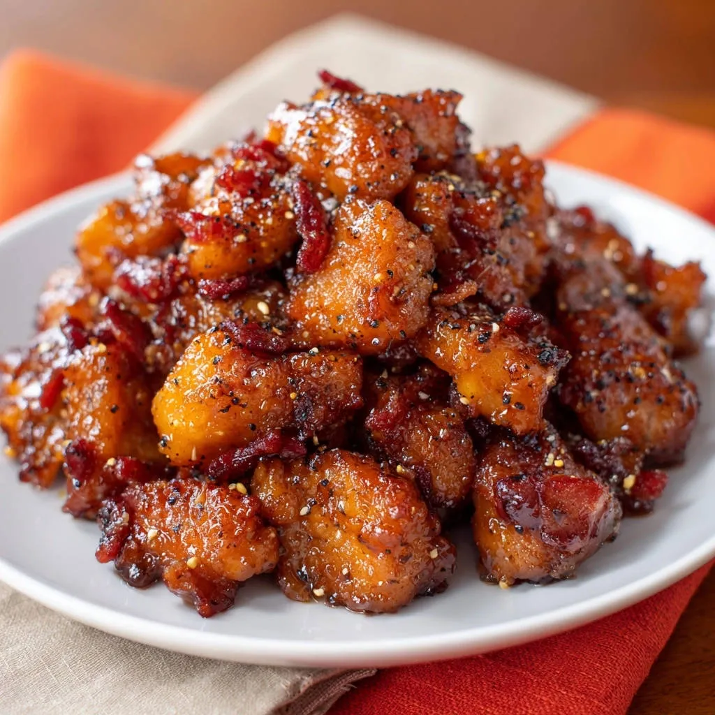 Crispy glazed chicken bites piled high on a white plate, showing a detailed texture.