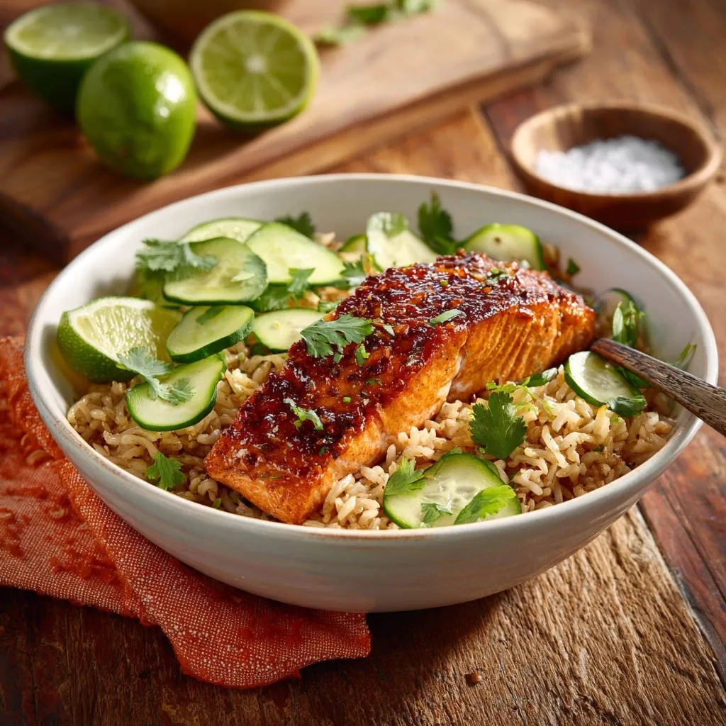 Glazed salmon and rice bowl with sliced cucumbers and cilantro, showing a close-up detail of the flaky salmon.