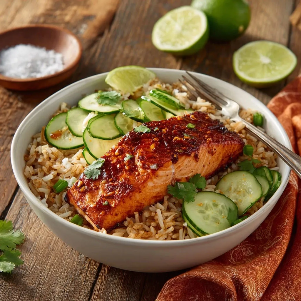 Glazed salmon and rice bowl featuring a close-up of the glossy, flavorful glaze on the fish.