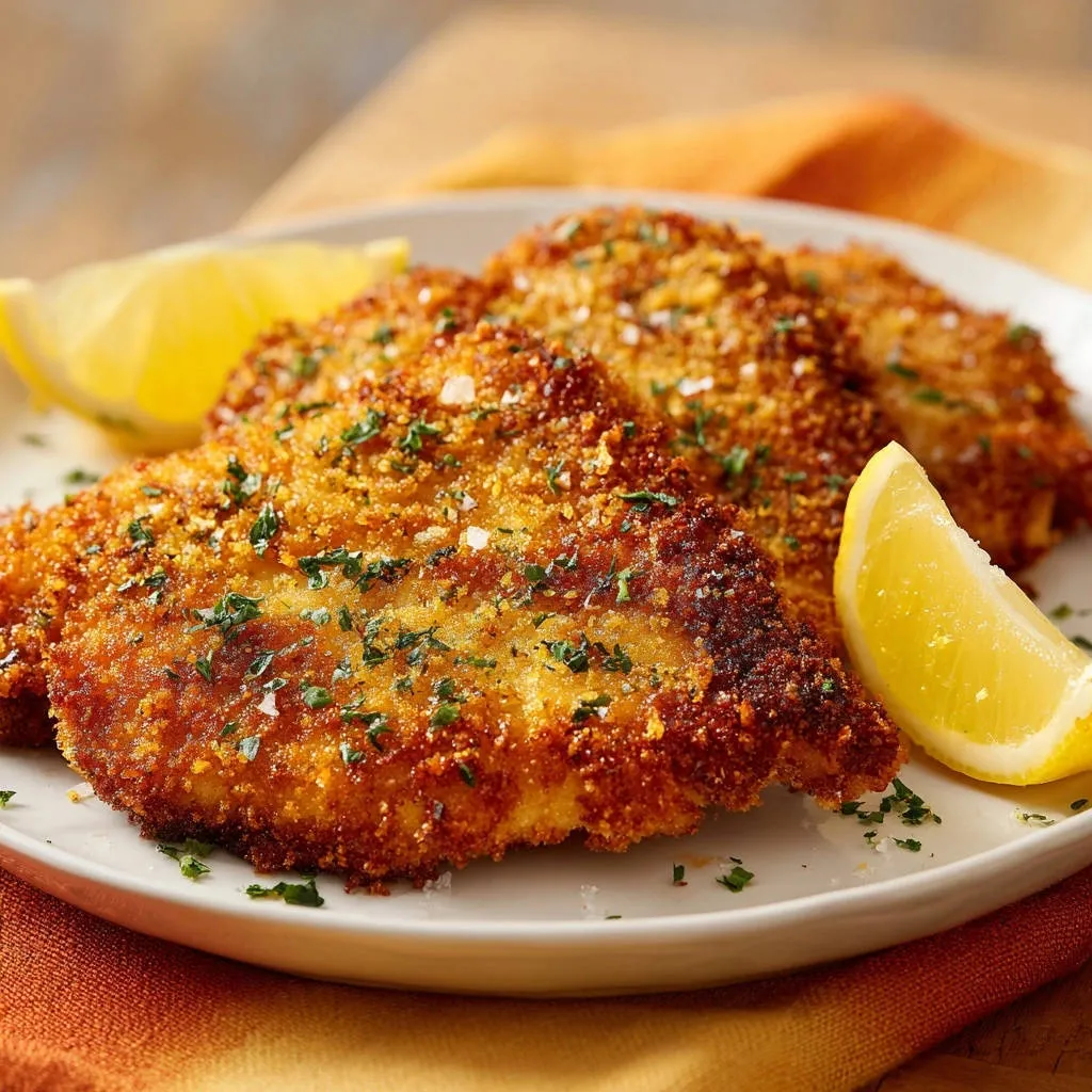 Golden crispy chicken cutlets plated with lemon wedges and garnished with fresh parsley.