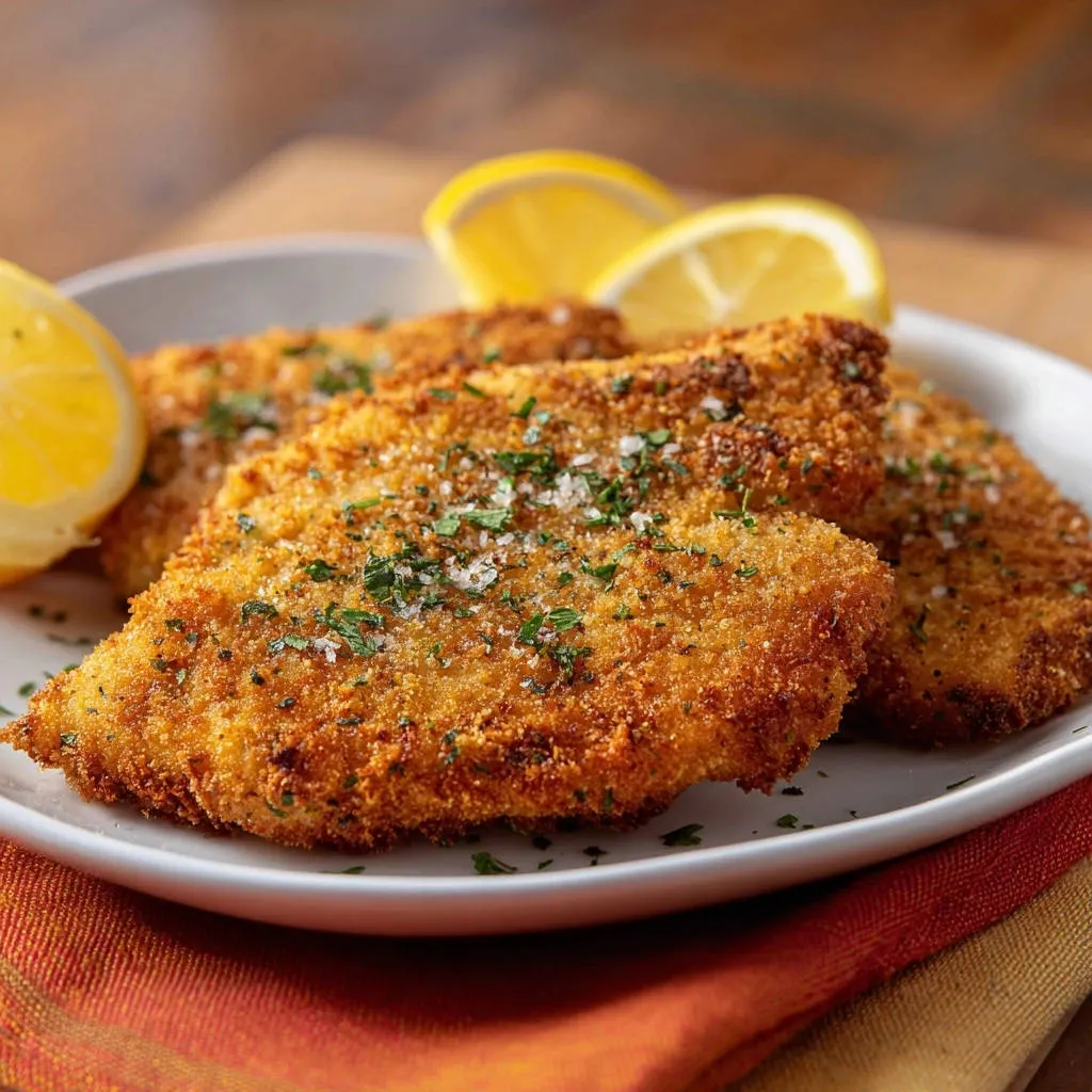 Golden crispy chicken cutlets plated with lemon slices and garnished with parsley and sea salt.