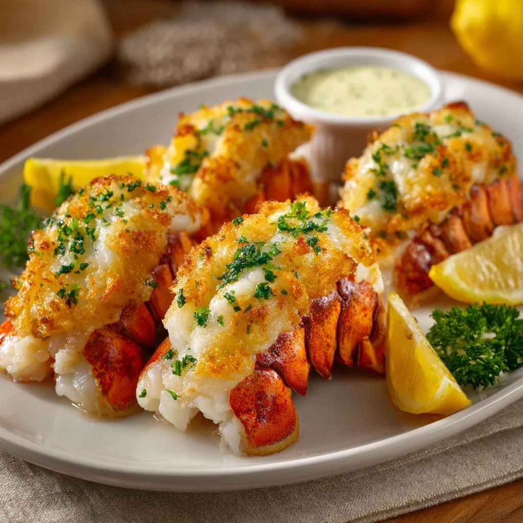 Golden crusted lobster tails served on a plate with lemon wedges and a side of dipping sauce.