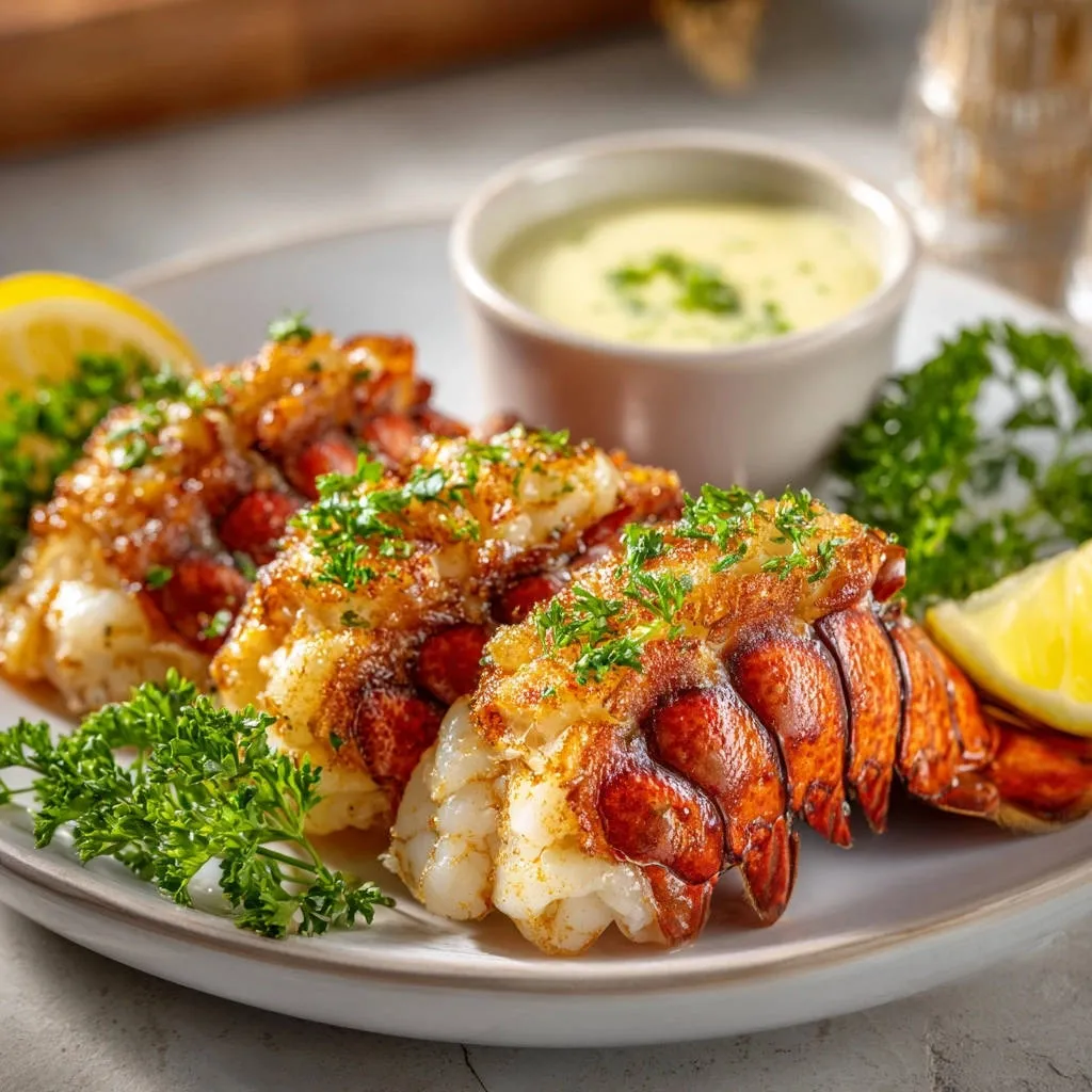 Golden crusted lobster tails plated with a creamy dipping sauce and fresh lemon as a side.