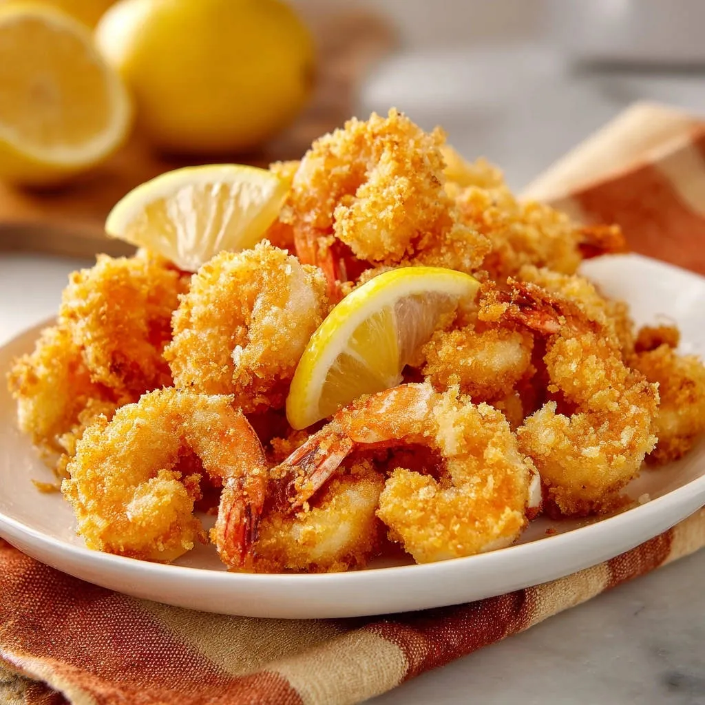 Golden fried shrimp with a crispy coating, garnished with fresh lemon slices on a white plate.