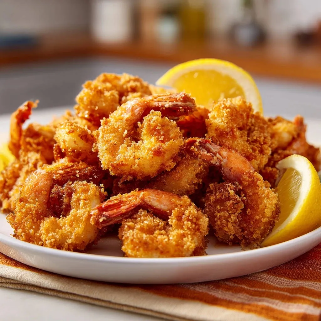 Golden fried shrimp piled high on a white plate, garnished with bright lemon wedges for a zesty finish.