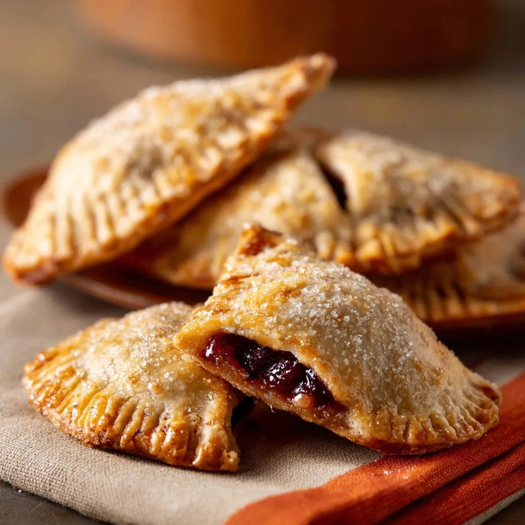 Golden fruit hand pies fried and sealed, with a close-up view showing the juicy fruit filling inside.
