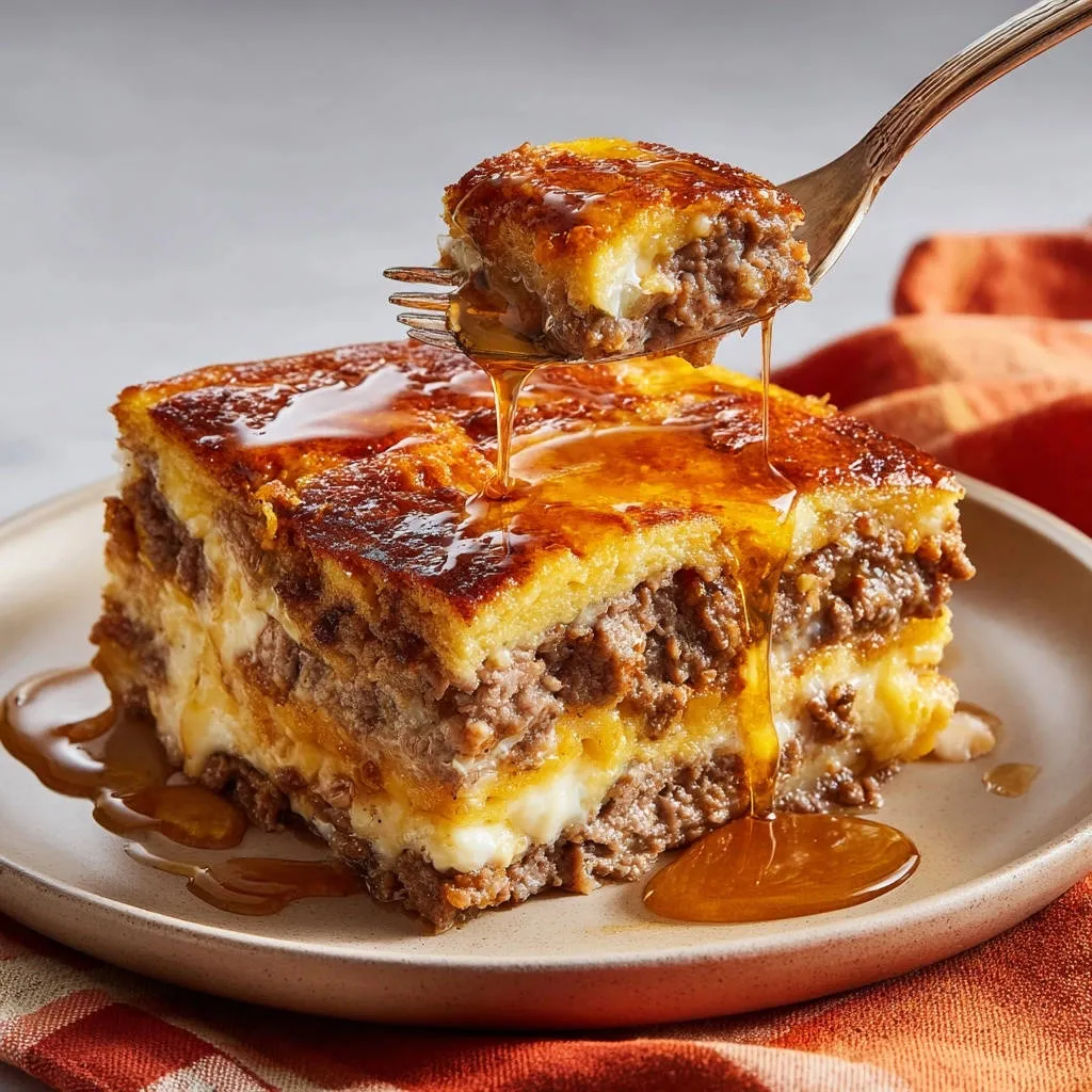Golden Layered Beef Bake with a fork lifting a piece drizzled in syrup.