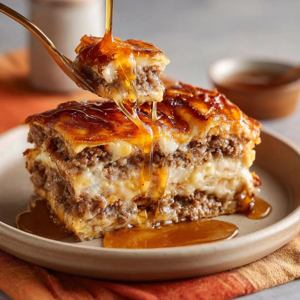 Golden Layered Beef Bake with a rich glaze being drizzled over the top slice.