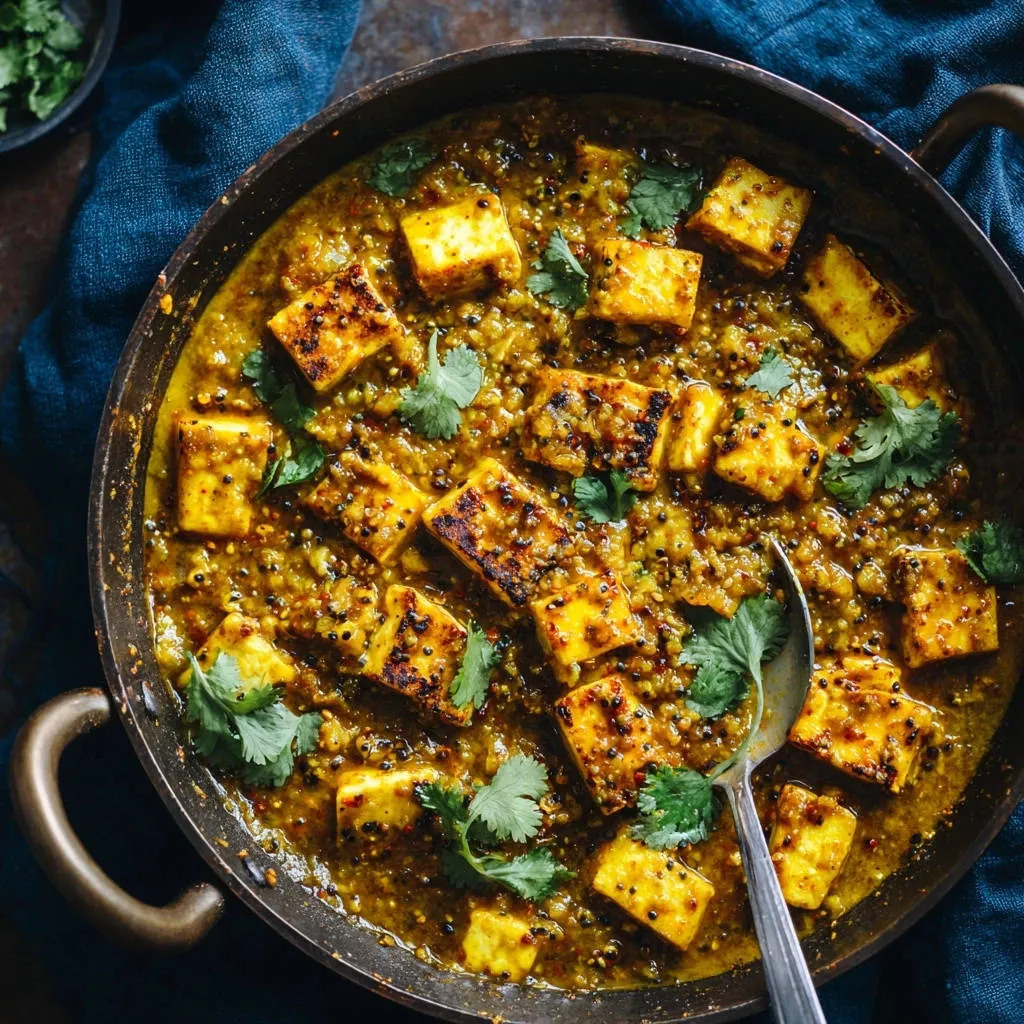 Golden paneer curry with tender paneer bites, served in a pan and garnished with fresh cilantro.