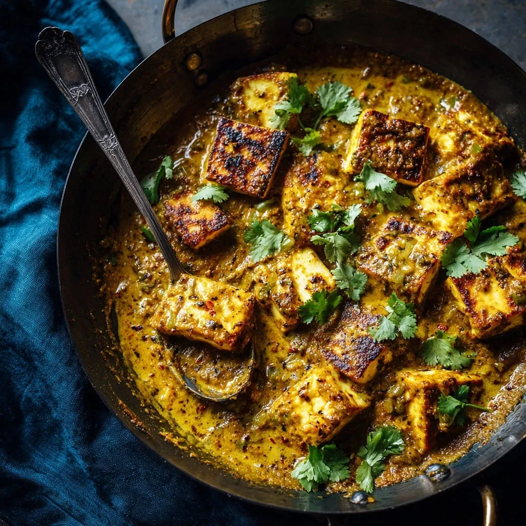 Golden Paneer Curry served in a kadhai with a spoon, showcasing tender paneer bites in a rich sauce.