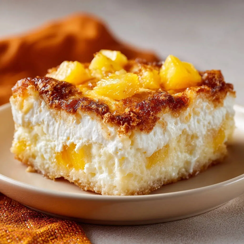 Golden Pineapple Cream Dream Bars, showcasing a delicious cross-section with layers of cream and fruit.