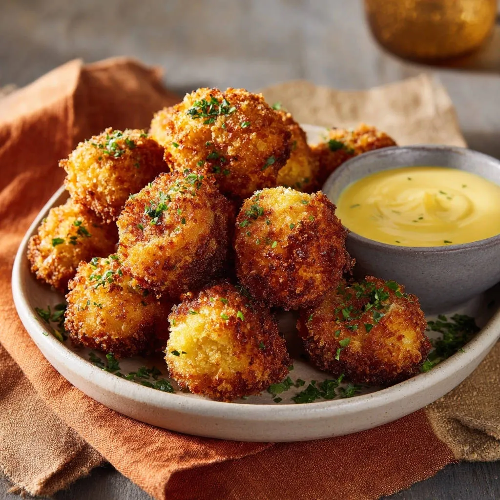 Golden potato bites piled high on a plate with a side of dipping sauce, presented from a side-view angle.