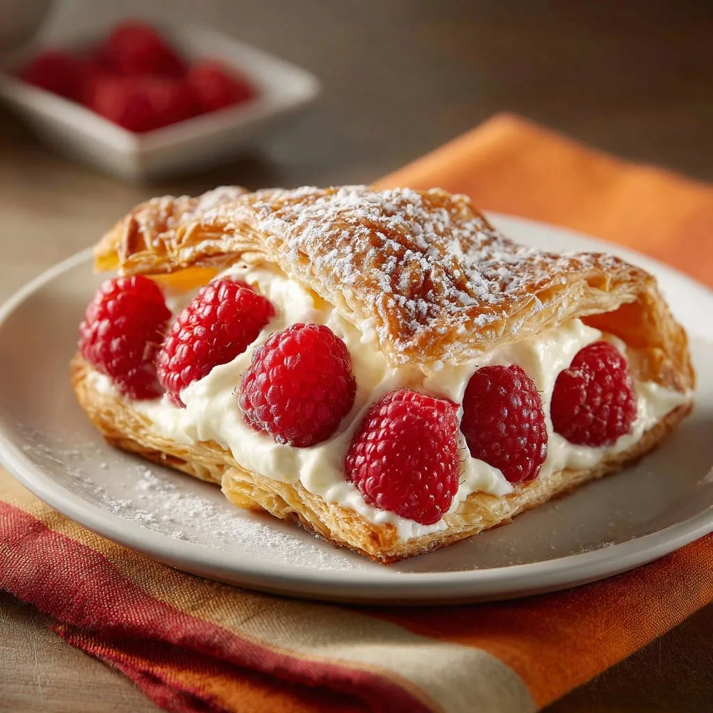 Golden raspberry cream pastry is presented as a single serving on a white plate, showcasing fresh raspberries and cream filling.