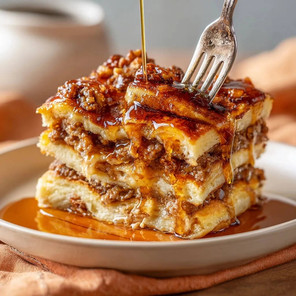 Gooey layered pecan bake with a fork drizzled in maple syrup, showcasing its sweet, sticky texture.