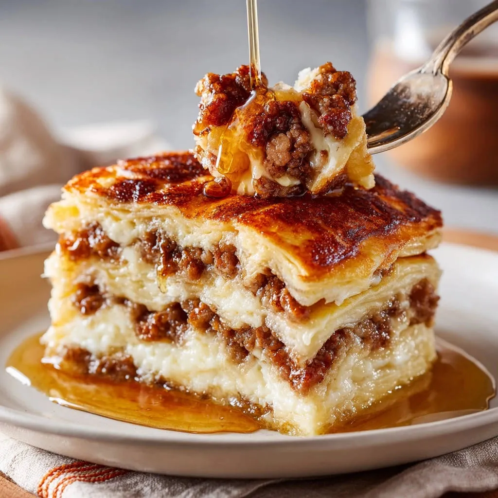Gooey layered pecan bake, a close-up slice on a plate with syrup being drizzled on top.