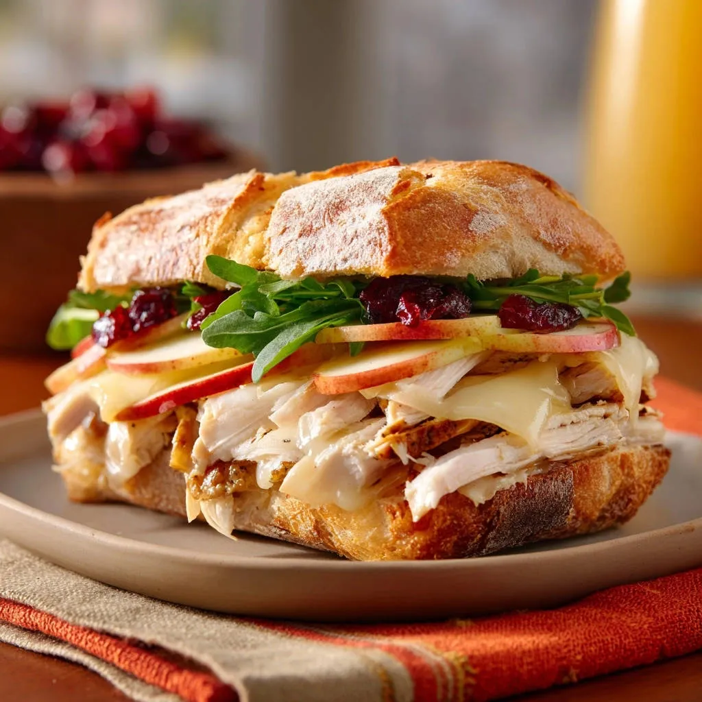 Gourmet turkey apple sandwich cross-section showing layers of turkey, apple, and cheese on a rustic bun.