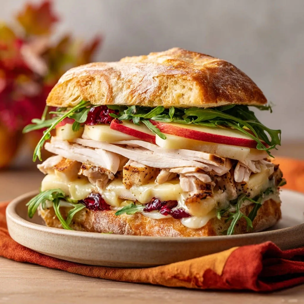 Gourmet turkey apple sandwich shown in a close-up cross-section revealing layers of turkey, apple slices, cheese, and arugula.