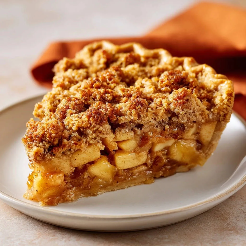Grandma's Apple Crumble Pie shown in a close-up cross-section revealing the baked apple filling and crumble topping.