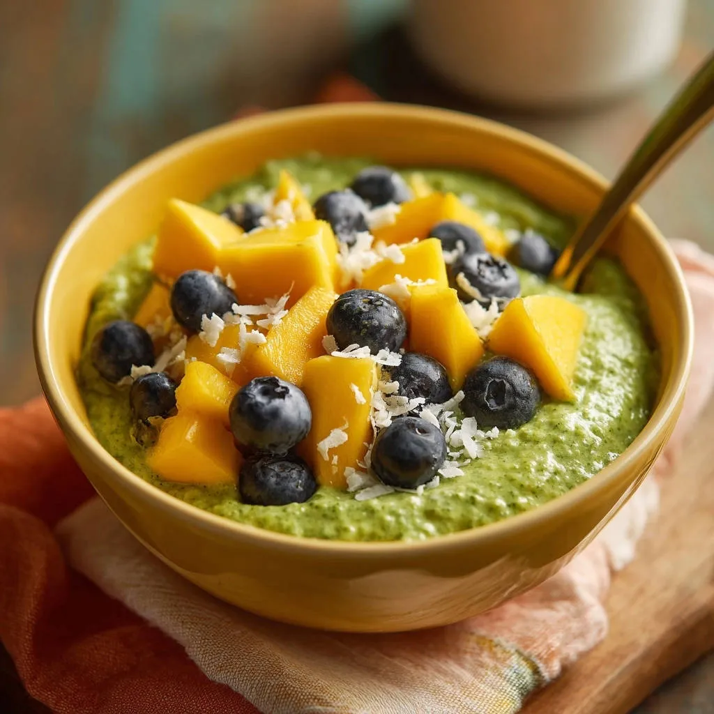 Green Mango Tango Smoothie Bowl topped with fresh blueberries, mango chunks, and shredded coconut.
