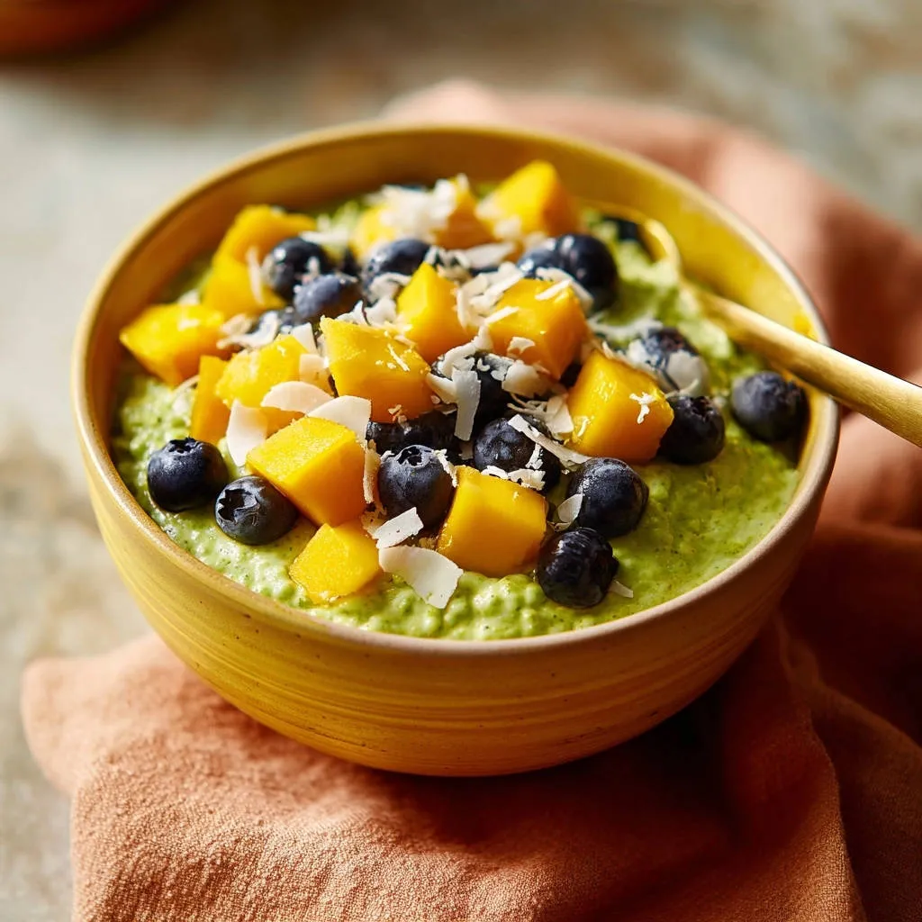 Green Mango Tango Smoothie Bowl topped with fresh blueberries, diced mango, and shredded coconut.