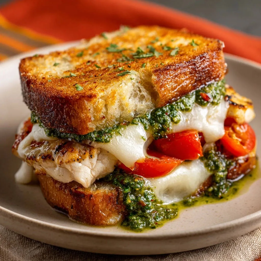 Ultimate Grilled Chicken Pesto Sandwich, a close-up cross-section revealing melted cheese and fresh pesto.
